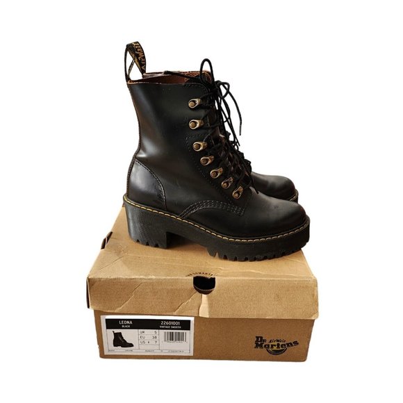 Doc Martens Leona Women Platform Combat Leather Boots Chunky Heel